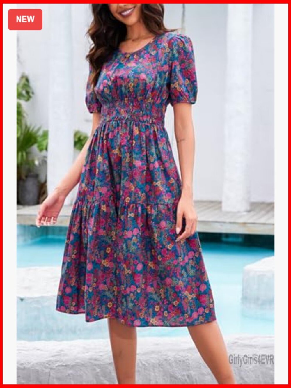 Women Summer Boho Floral Midi Dress Smocked Waist Tiered Flowy Swing - Picture 4 of 7
